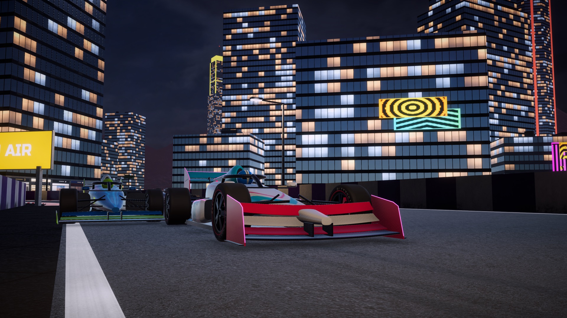 Two open-wheel race cars on a night street circuit lined with city towers in Formula Blitz